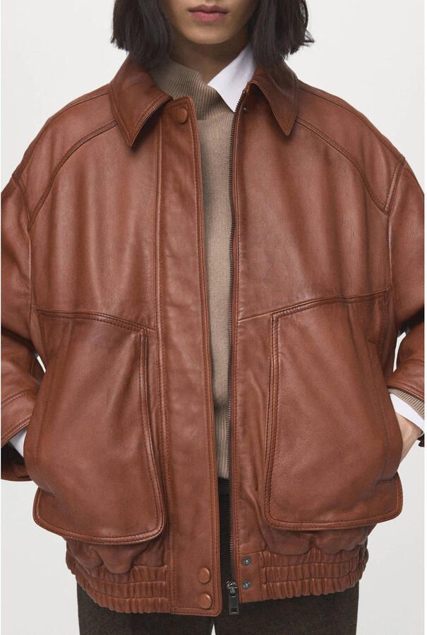 Mango leren bomberjack cognac