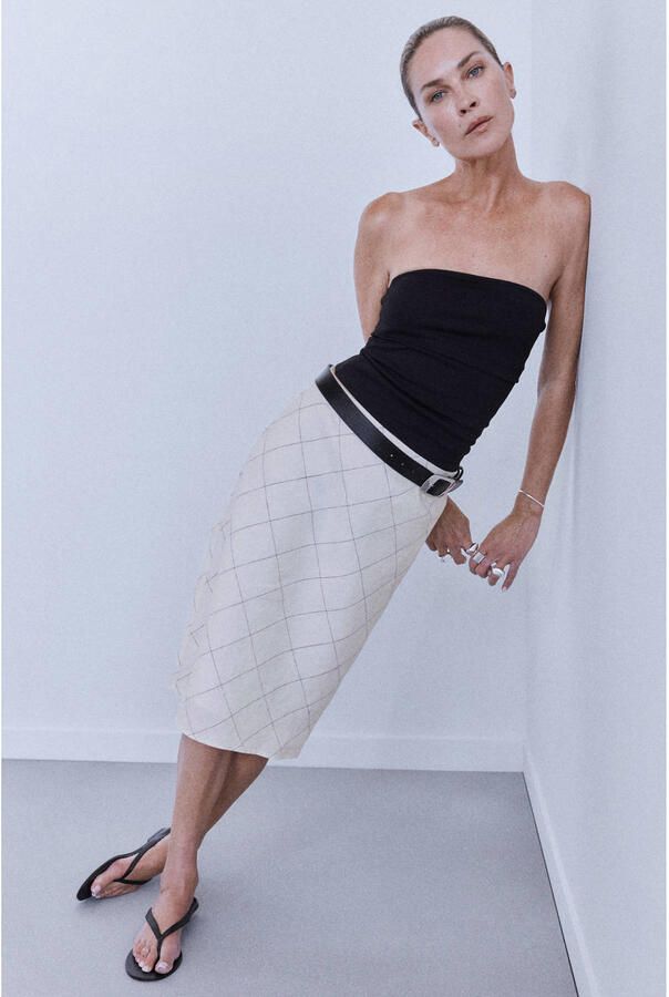Mango linnen geruite midi rok ecru