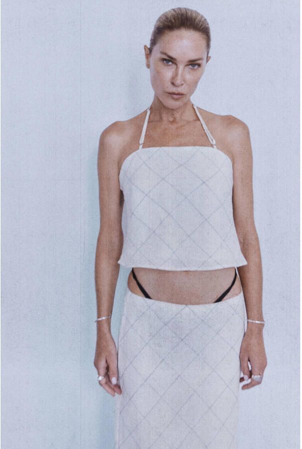 Mango linnen geruite top ecru - Foto 2