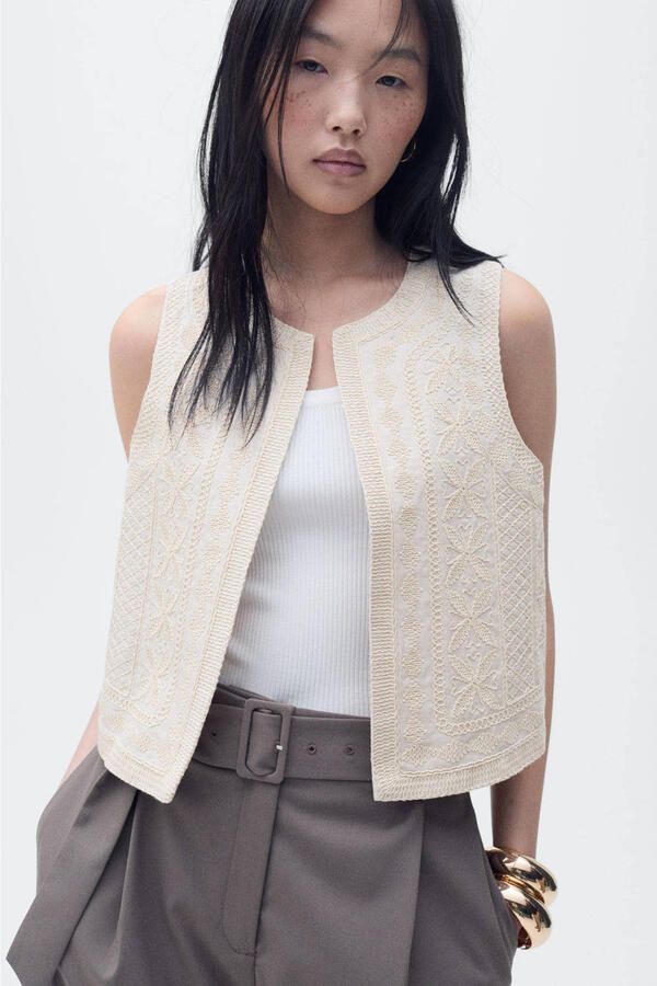 Mango linnen gilet beige broderie
