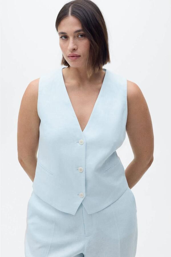 Mango linnen gilet lichtblauw - Foto 3