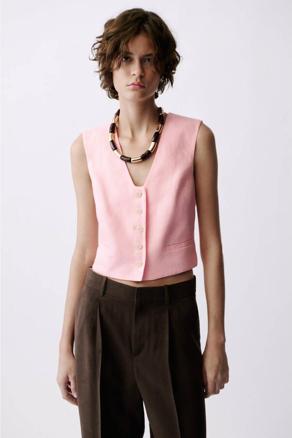 Mango linnen gilet lichtroze