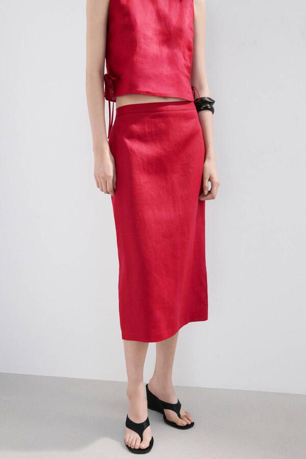 Mango linnen kokerrok rood - Foto 3