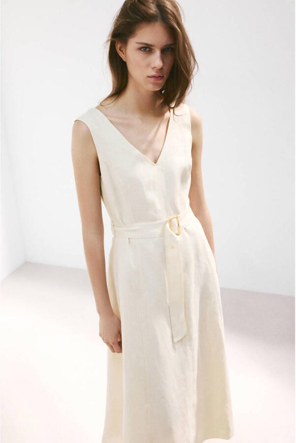 Mango linnen midi jurk met ceintuur ecru