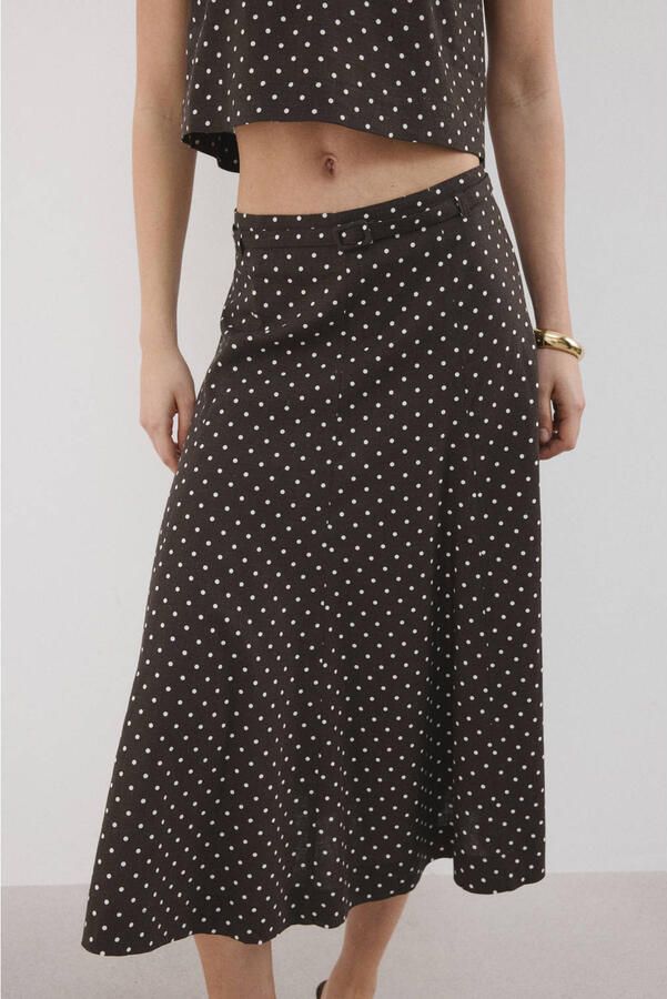 Mango linnen midi rok met stippen donkerbruin
