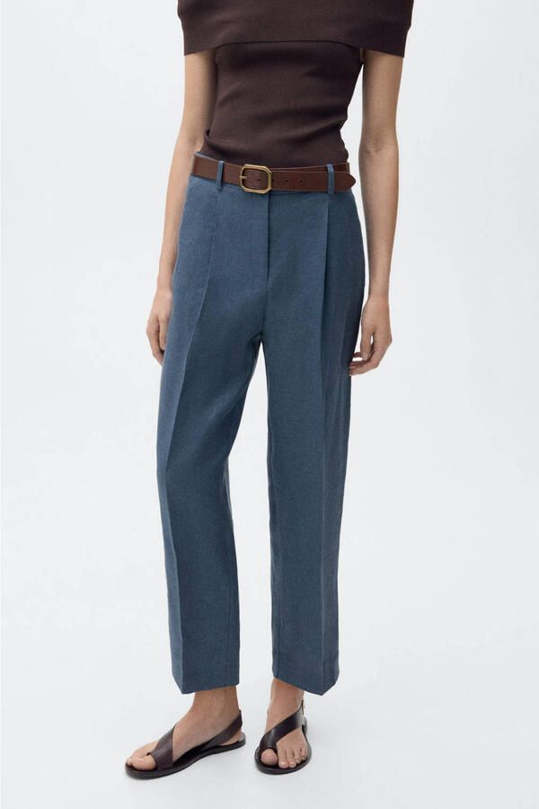 Mango linnen straight high waist pantalon blauw