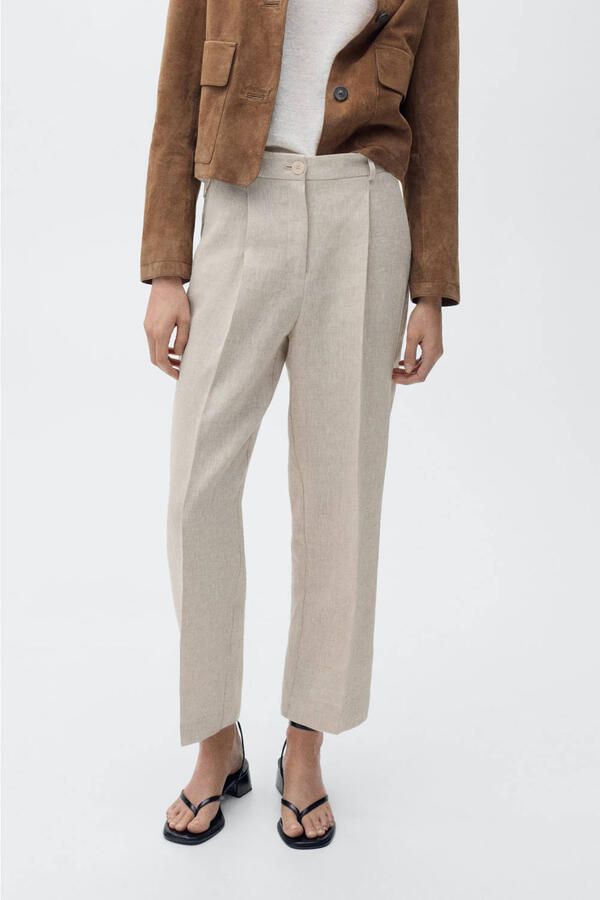 Mango linnen straight regular waist pantalon beige