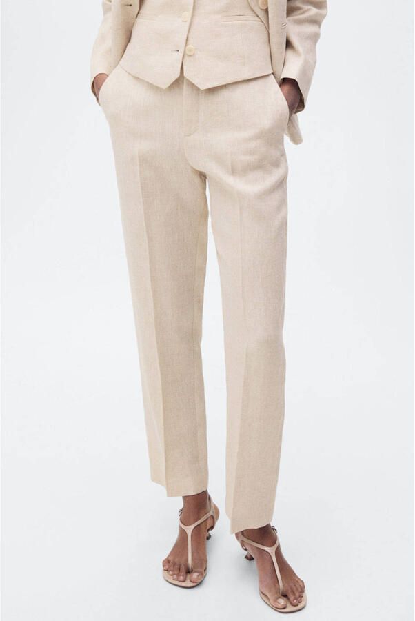 Mango linnen straight regular waist pantalon beige