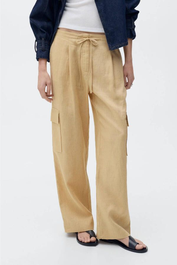 Mango linnen wide leg cargo broek beige - Foto 1