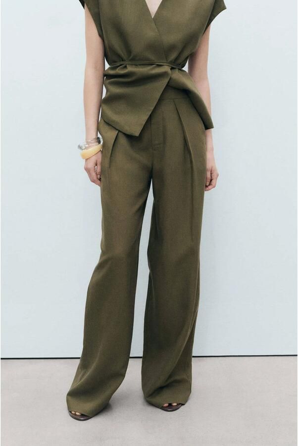 Mango linnen wide leg high waist pantalon kaki - Foto 1