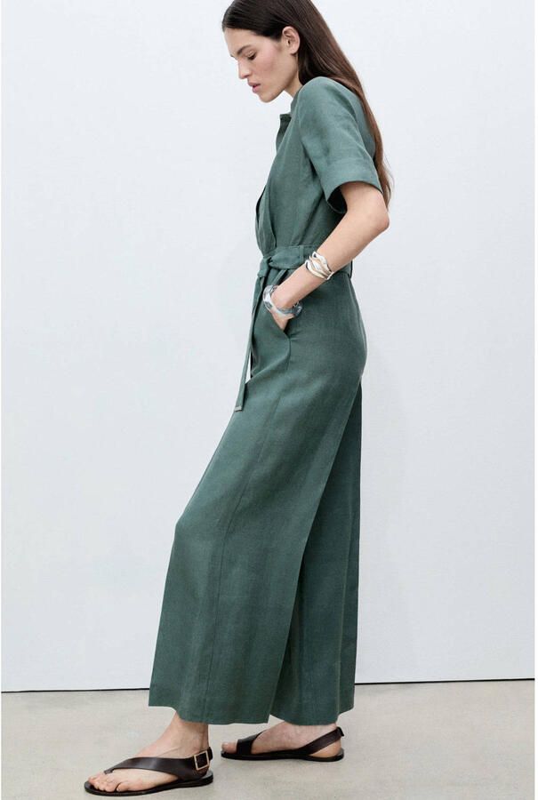 Mango linnen wide leg jumpsuit groen - Foto 2