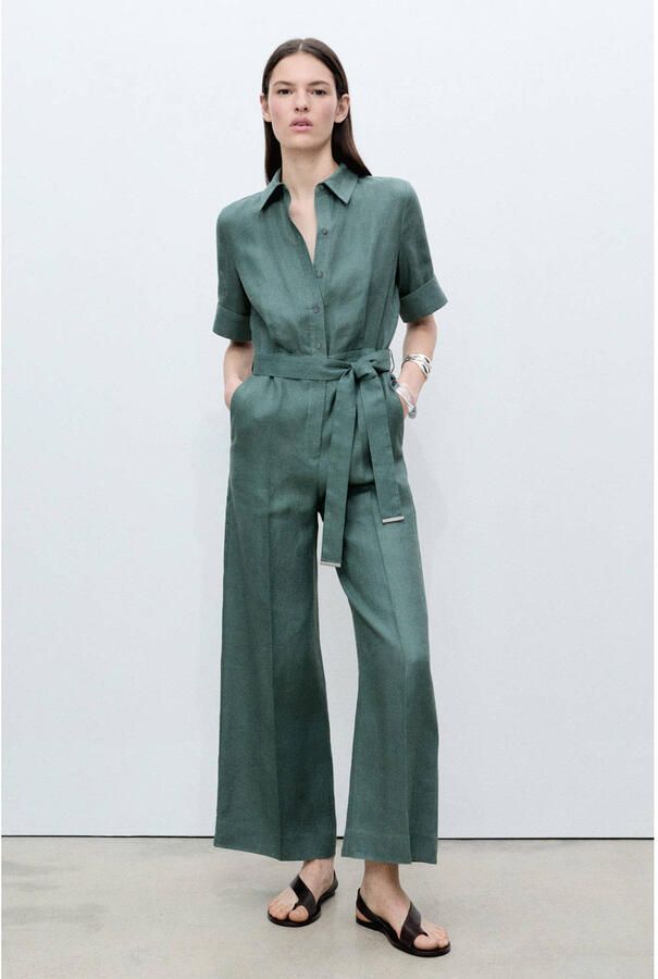 Mango linnen wide leg jumpsuit groen - Foto 3