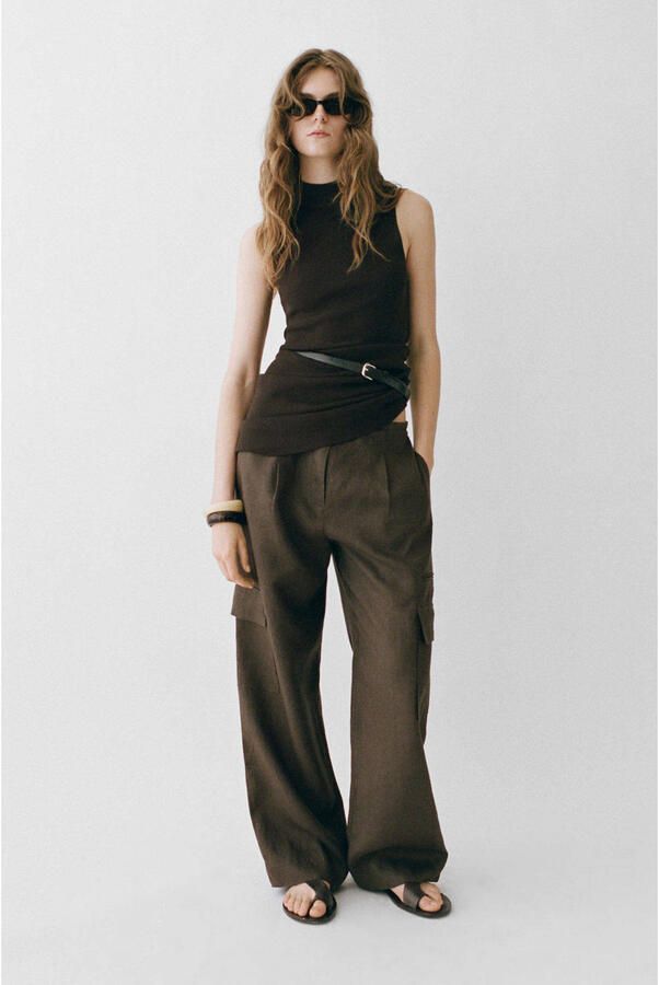 Mango linnen wide leg regular waist cargo broek donkerbruin - Foto 3