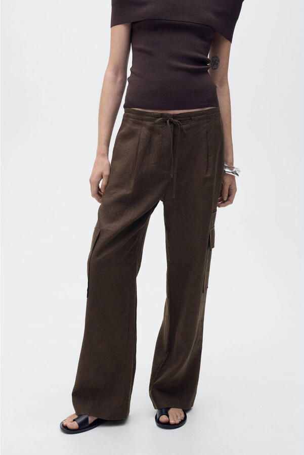 Mango linnen wide leg regular waist cargo broek donkerbruin - Foto 1