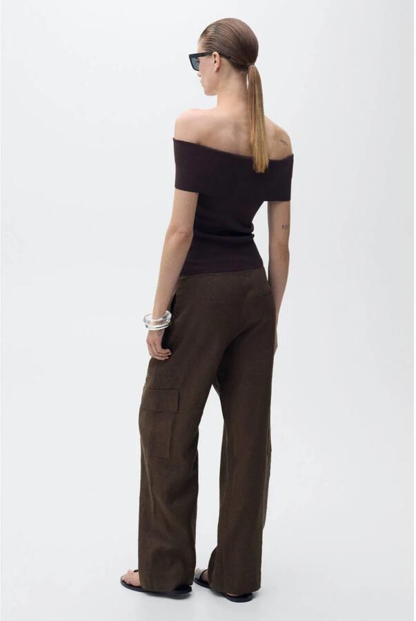 Mango linnen wide leg regular waist cargo broek donkerbruin - Foto 2