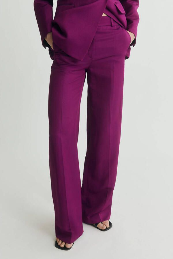 Mango linnen wide leg regular waist pantalon aubergine