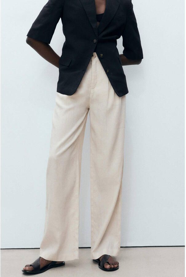 Mango linnen wide leg regular waist pantalon beige