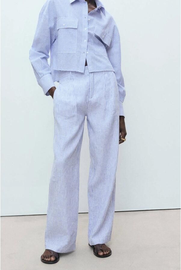 Mango linnen wide leg regular waist pantalon blauw - Foto 1