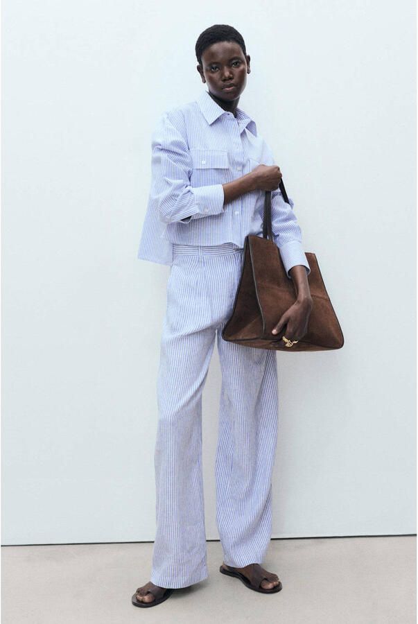 Mango linnen wide leg regular waist pantalon blauw - Foto 3