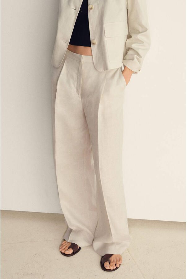 Mango linnen wide leg regular waist pantalon ecru