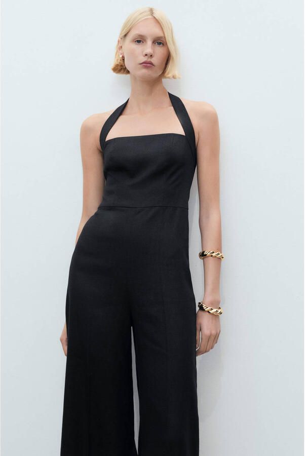 Mango linnen zwart wide leg jumpsuit