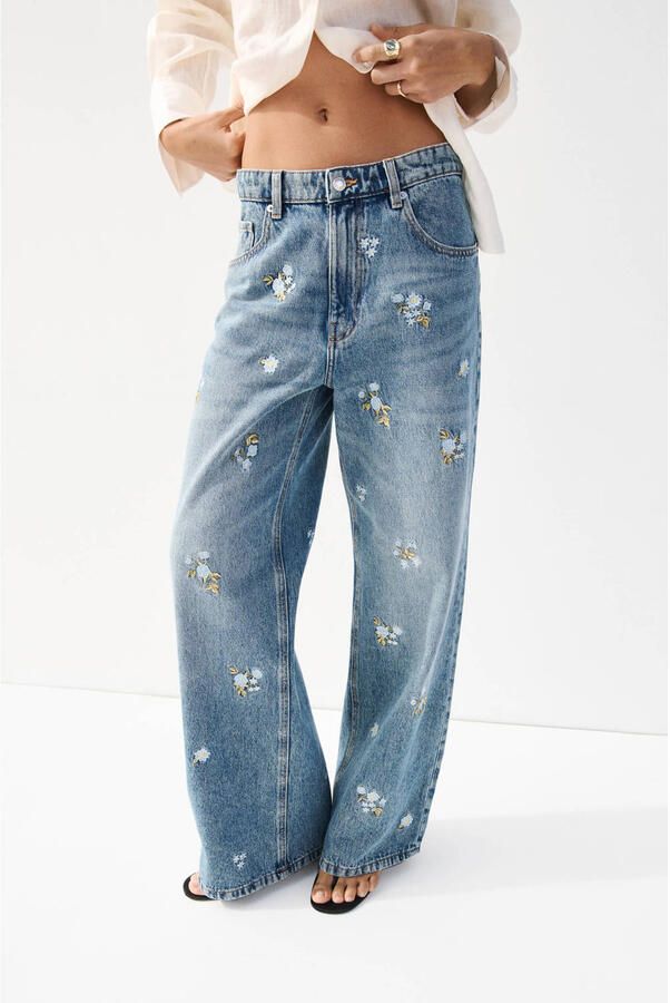 Mango low waist gebloemde straight leg jeans medium blue denim
