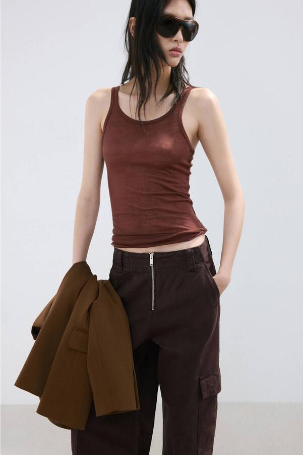 Mango low waist wide leg jeans donkerbruin - Foto 2