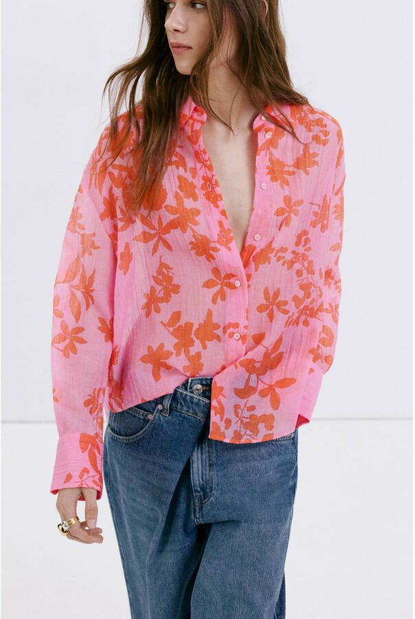 Mango lyocell gebloemde blouse met lange mouwen roze