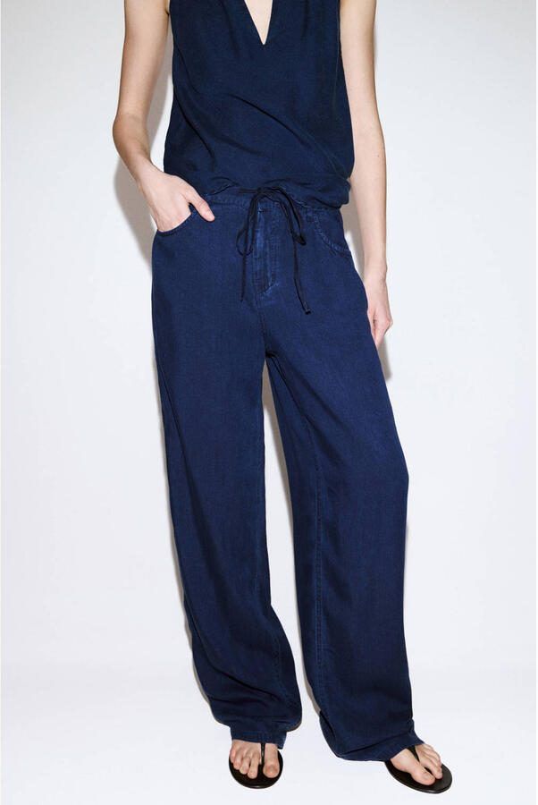 Mango lyocell straight leg broek donkerblauw