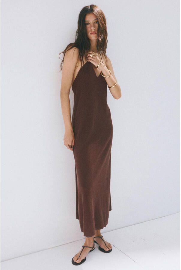 Mango maxi jurk met kraaltjes en linnen bruin