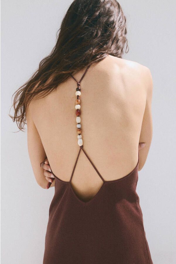 Mango maxi jurk met kraaltjes en linnen bruin - Foto 3