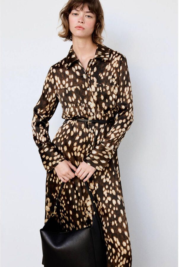 Mango midi blousejurk met ceintuur en print bruin