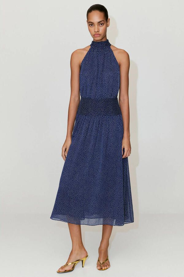 Mango midi halter zomerjurk met stippen blauw