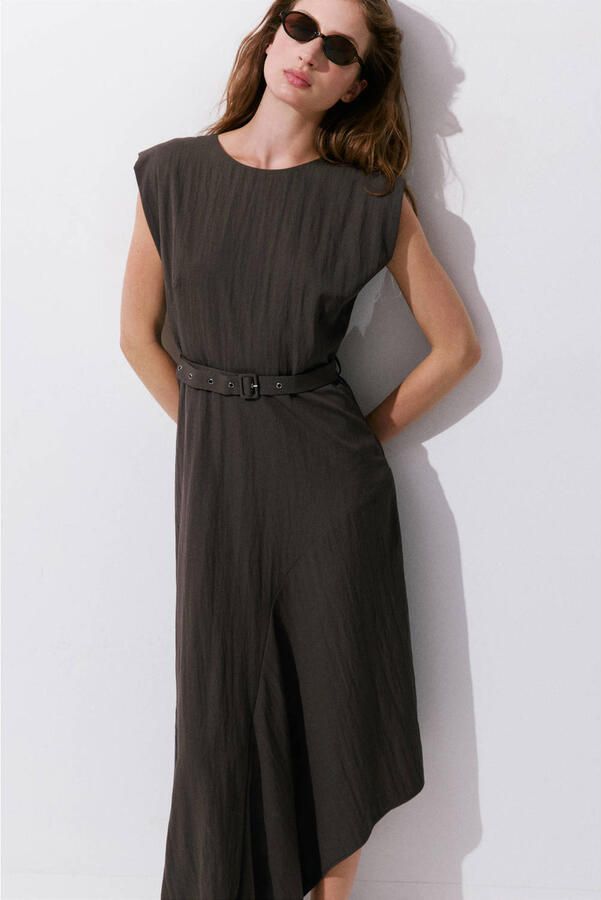 Mango midi jurk met ceintuur bruin