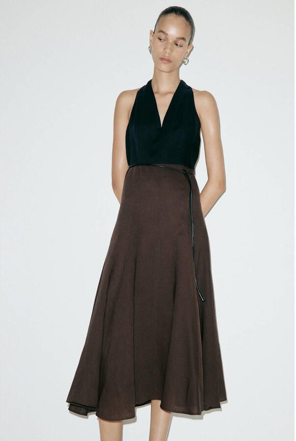 Mango midi jurk met ceintuur en linnen zwart