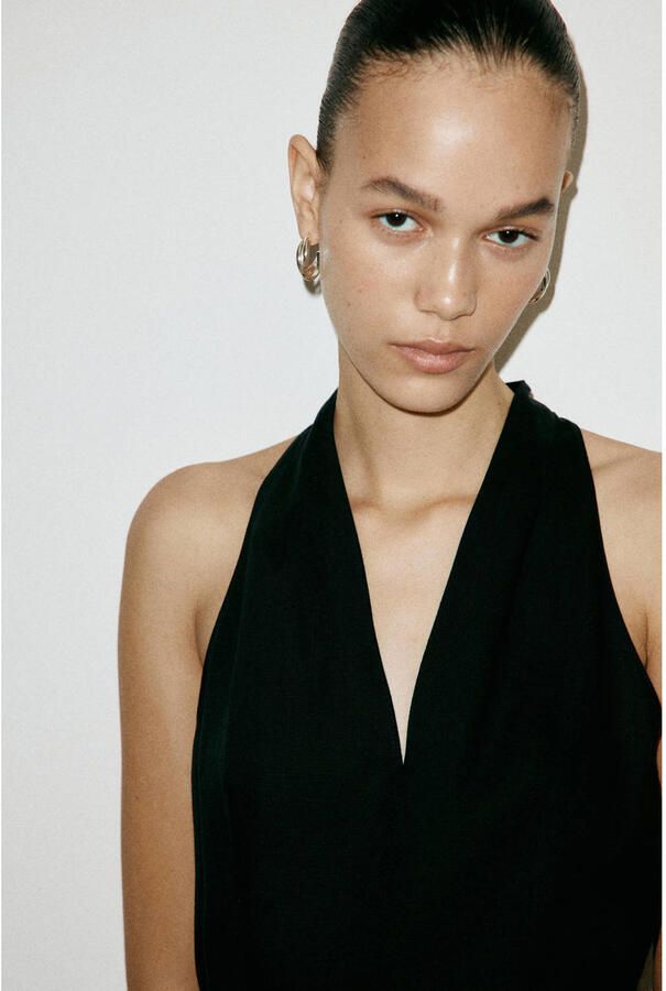 Mango midi jurk met ceintuur en linnen zwart - Foto 3