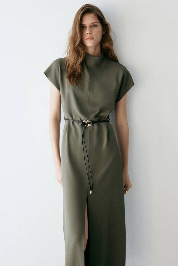 Mango midi jurk met ceintuur kaki