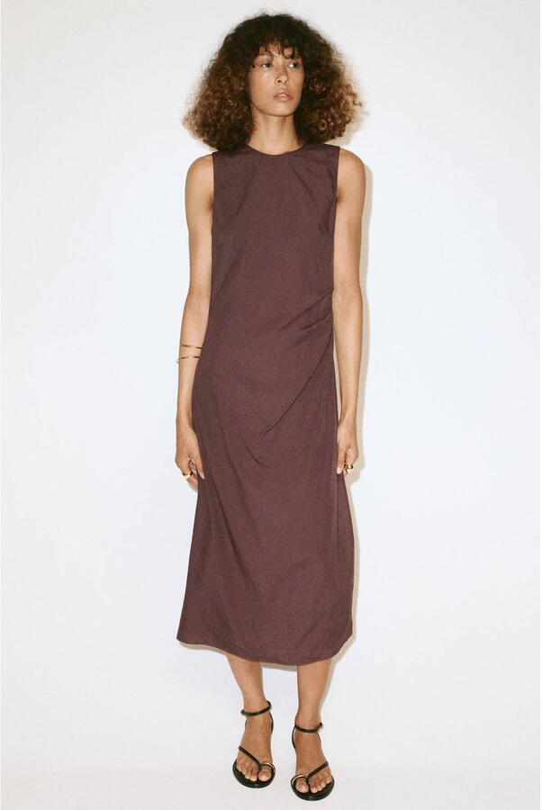 Mango midi jurk met linnen bruin - Foto 3