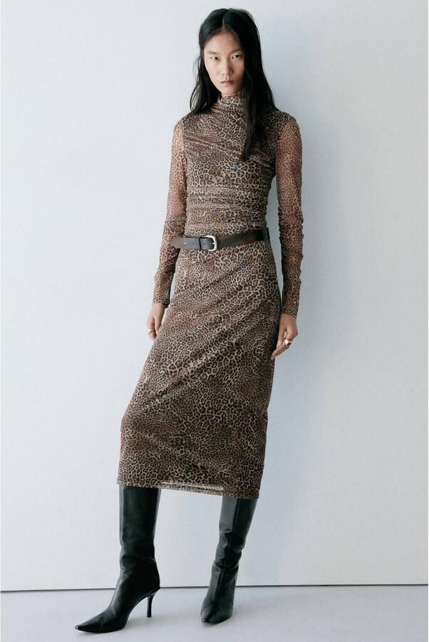 Mango midi jurk met plooien en panterprint bruin - Foto 3