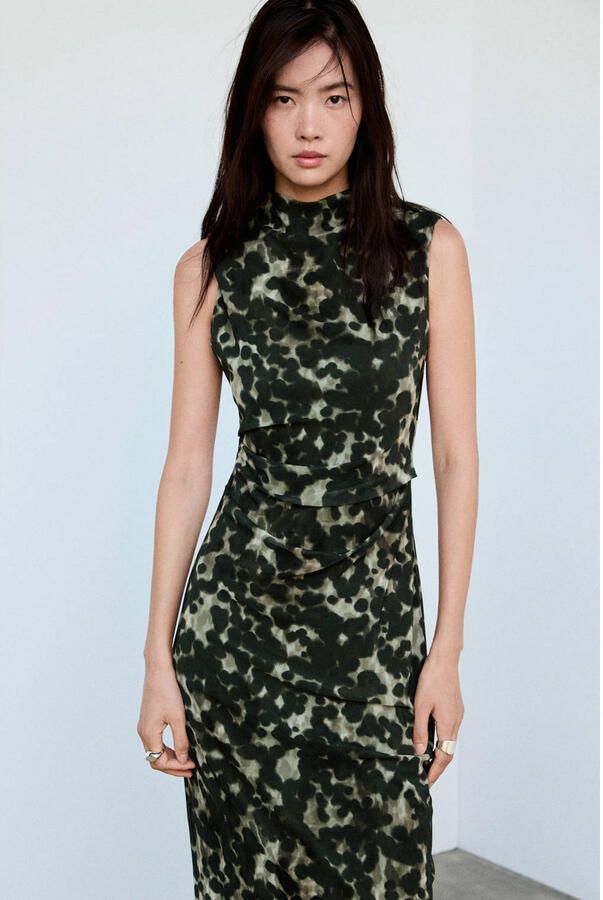 Mango midi jurk met print grijsgroen