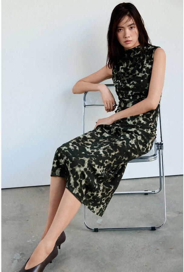Mango midi jurk met print grijsgroen - Foto 3