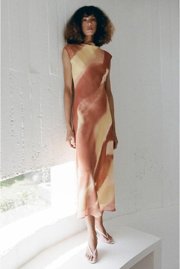 Mango midi jurk met print oranje - Foto 3