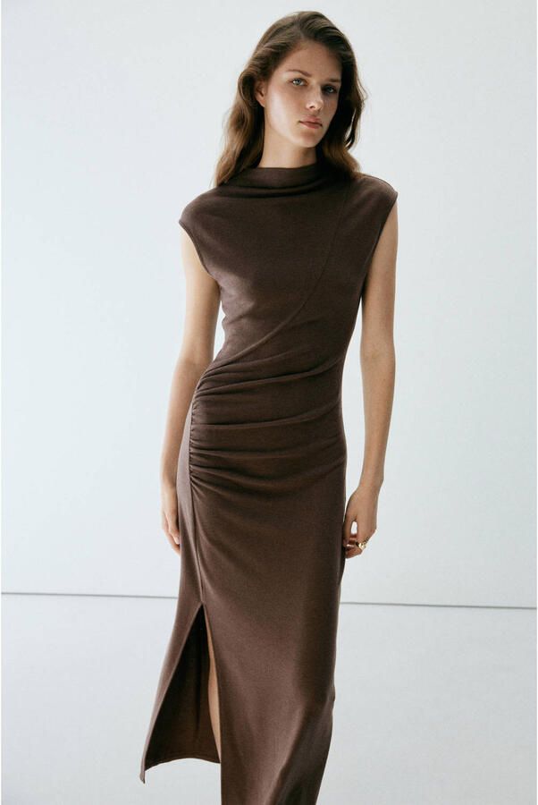 Mango midi jurk met split bruin - Foto 3