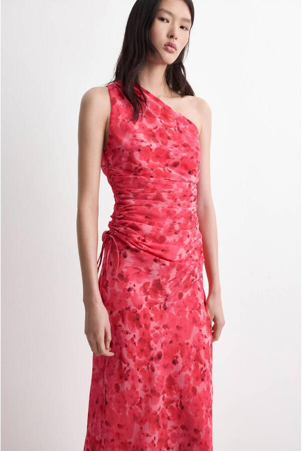 Mango midi one shoulder jurk met bloemenprint rood
