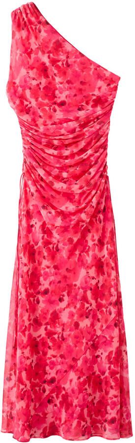 Mango midi one shoulder jurk met bloemenprint rood - Foto 2