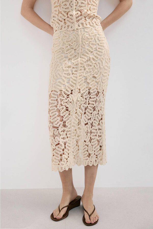 Mango midi rok ajour beige