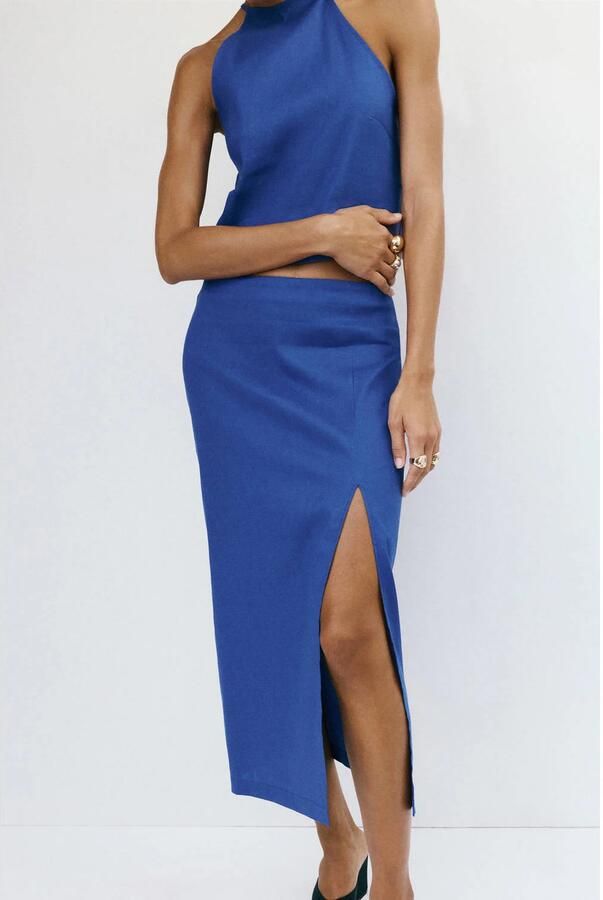 Mango midi rok met split en linnen blauw