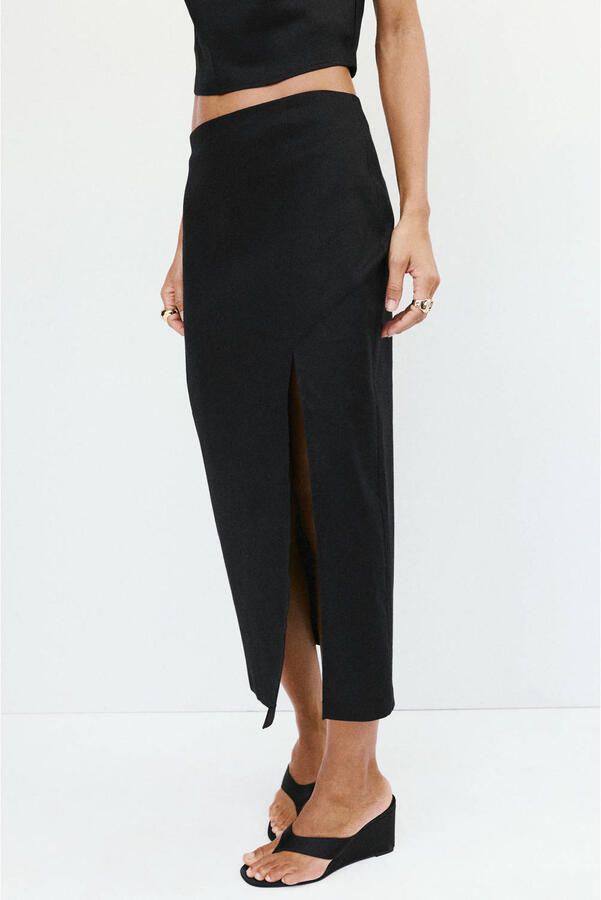 Mango midi rok met split en linnen zwart