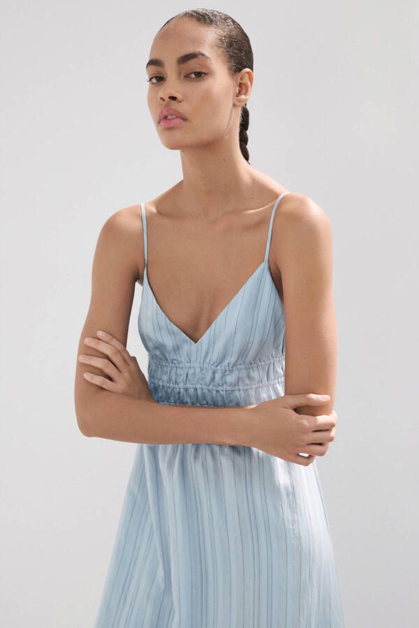 Mango midi zomerjurk met krijtstreep lichtblauw
