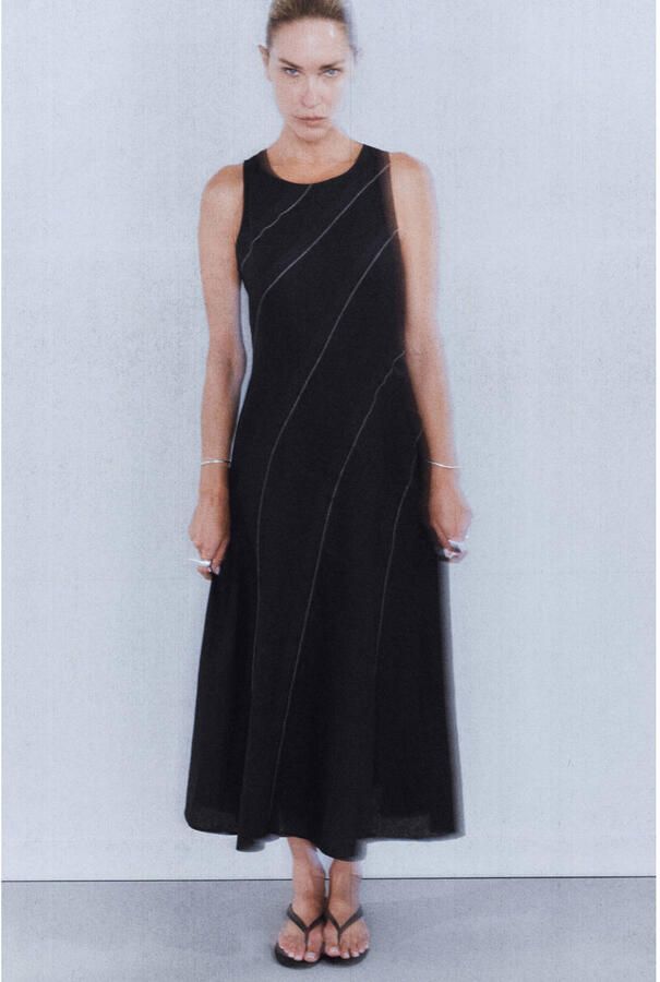 Mango midi zomerjurk met open rug en linnen zwart